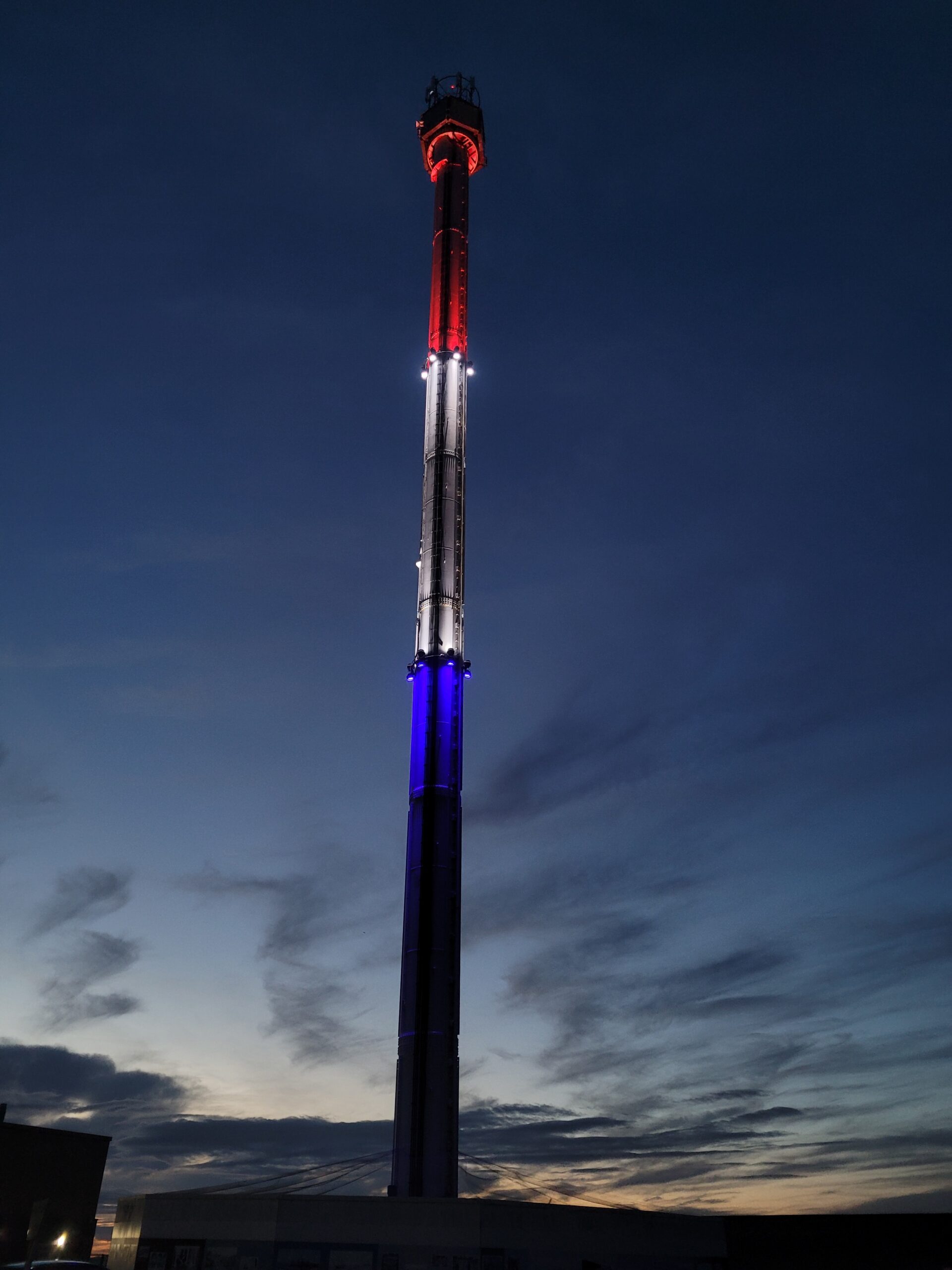 red white blue tower